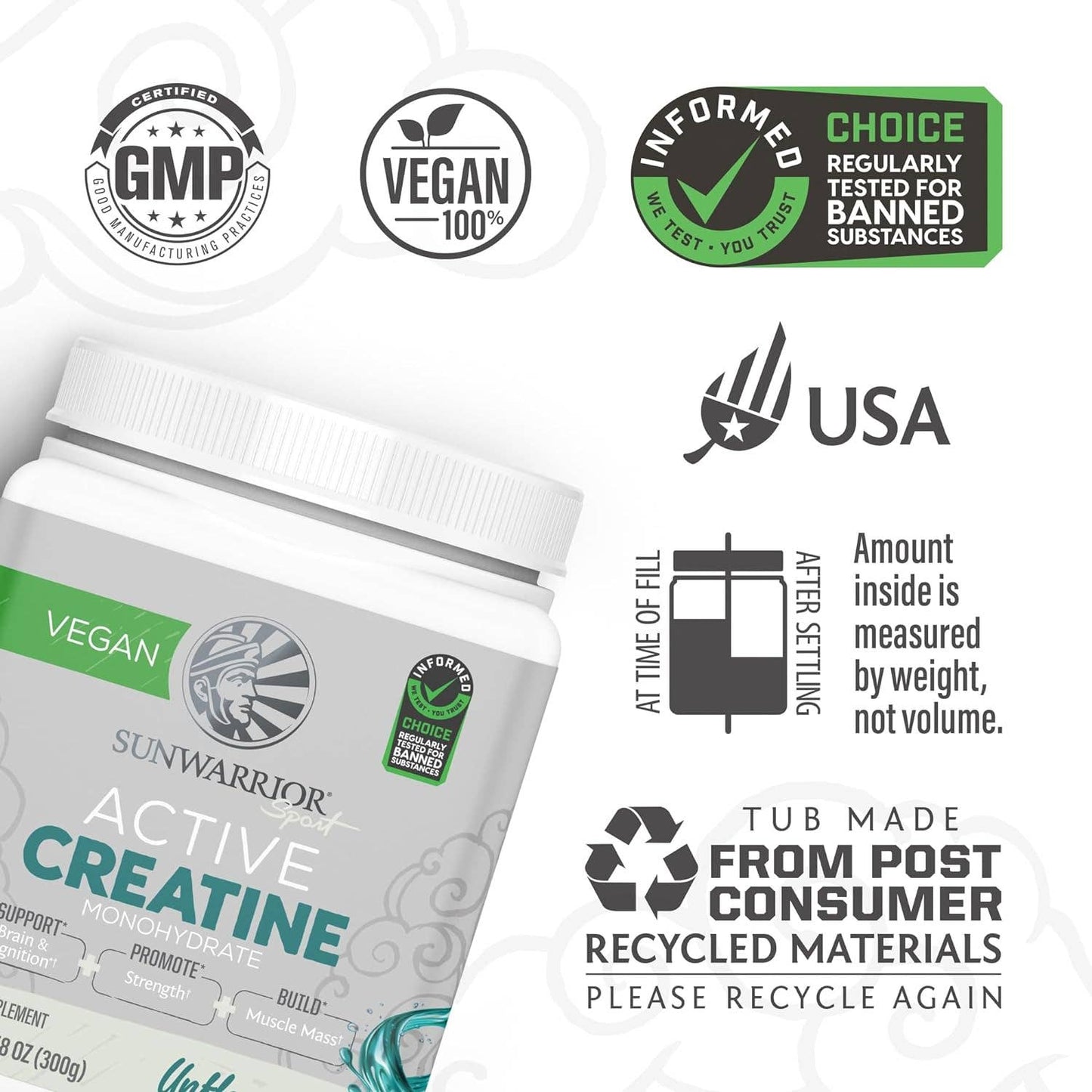Unflavored Active Creatine Drink Powder - Vegan, 300 grams Sunwarrior