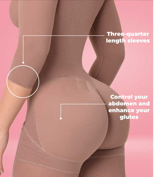 1309 V ANN M Full Shapewear Slevess and Brassier, Hourglass figure with a small waist and two sizes larger in the hips. Long Leg Fajas Kataleya