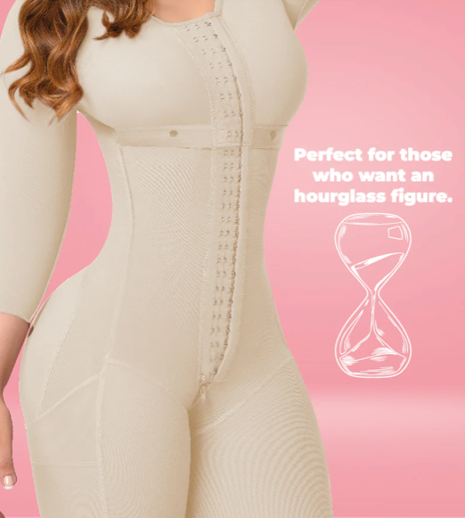 1309 V ANN M Full Shapewear Slevess and Brassier, Hourglass figure with a small waist and two sizes larger in the hips. Long Leg Fajas Kataleya