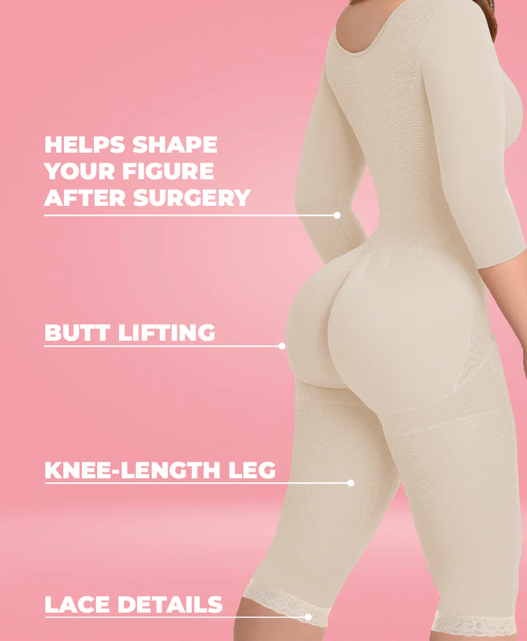 1309 V ANN M Full Shapewear Slevess and Brassier, Hourglass figure with a small waist and two sizes larger in the hips. Long Leg Fajas Kataleya