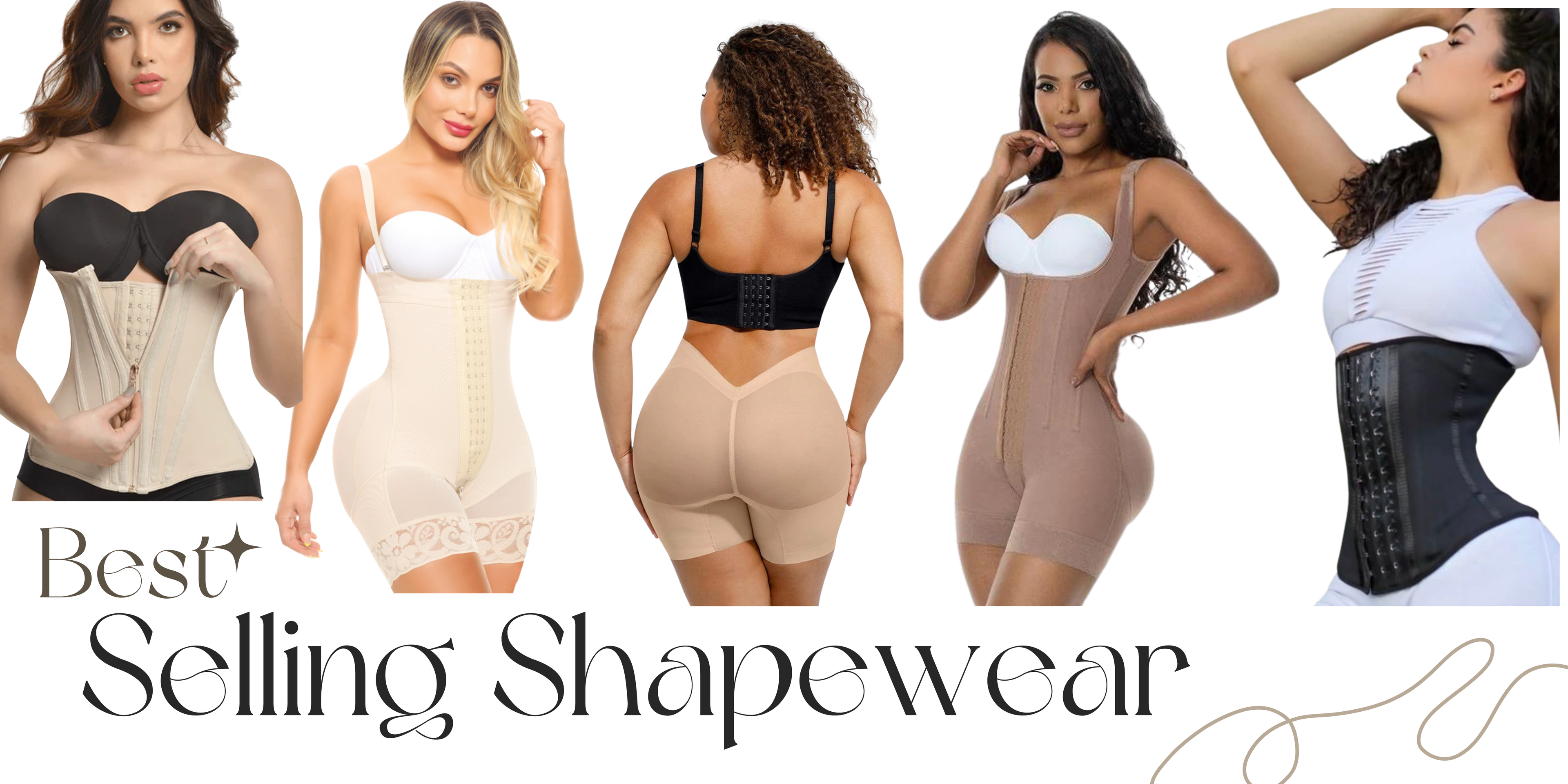 Five models wearing shapewear products with text 'Best Selling Shapewear' on a white background.
