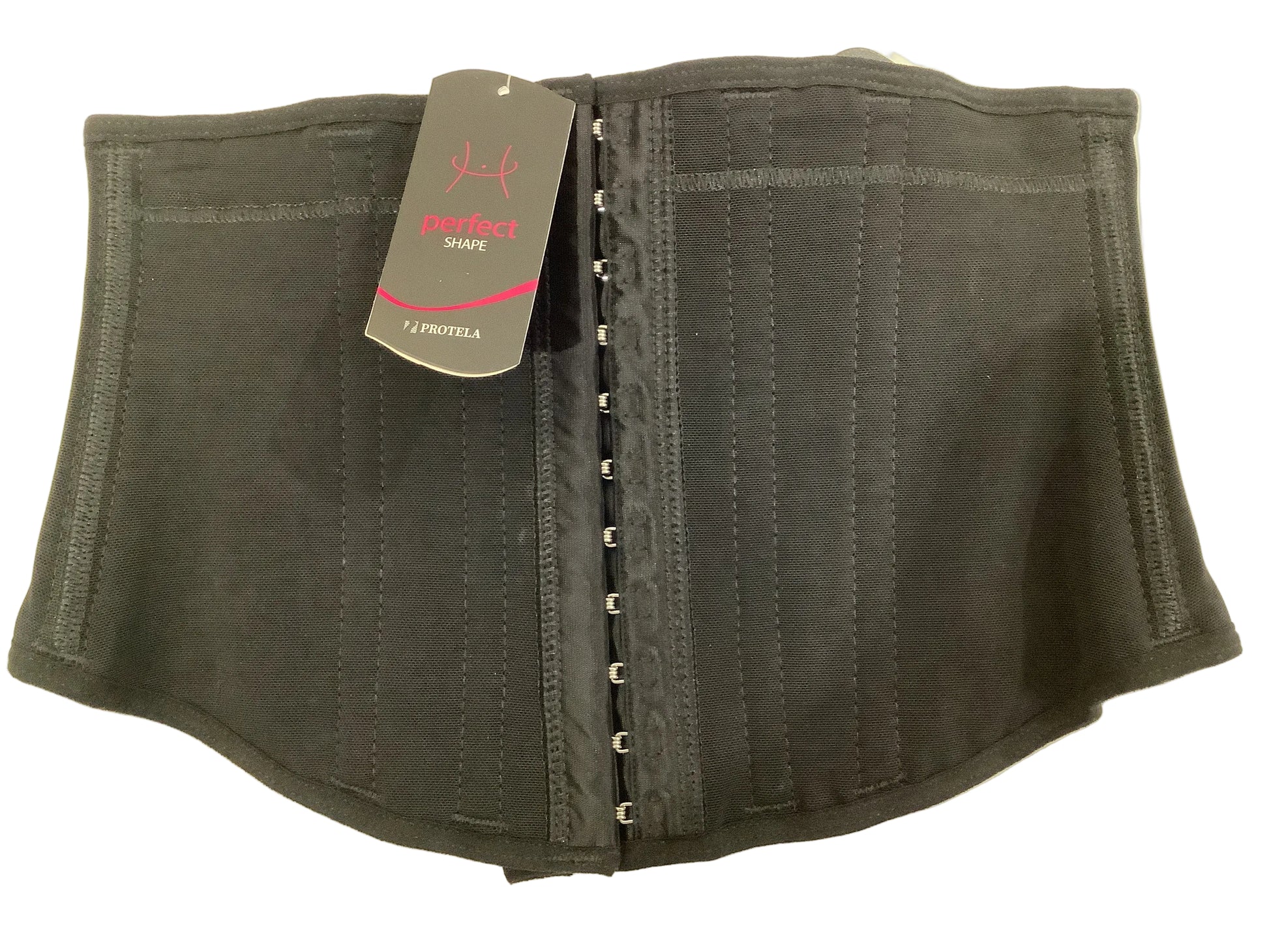 A black structured waist trainer corset belt with a central hook & eye closure, 
