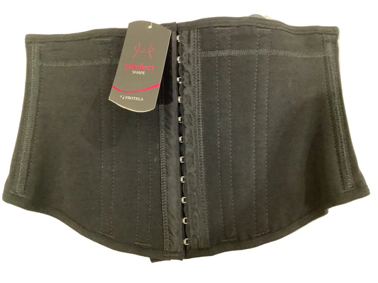 A black structured waist trainer corset belt with a central hook & eye closure, 