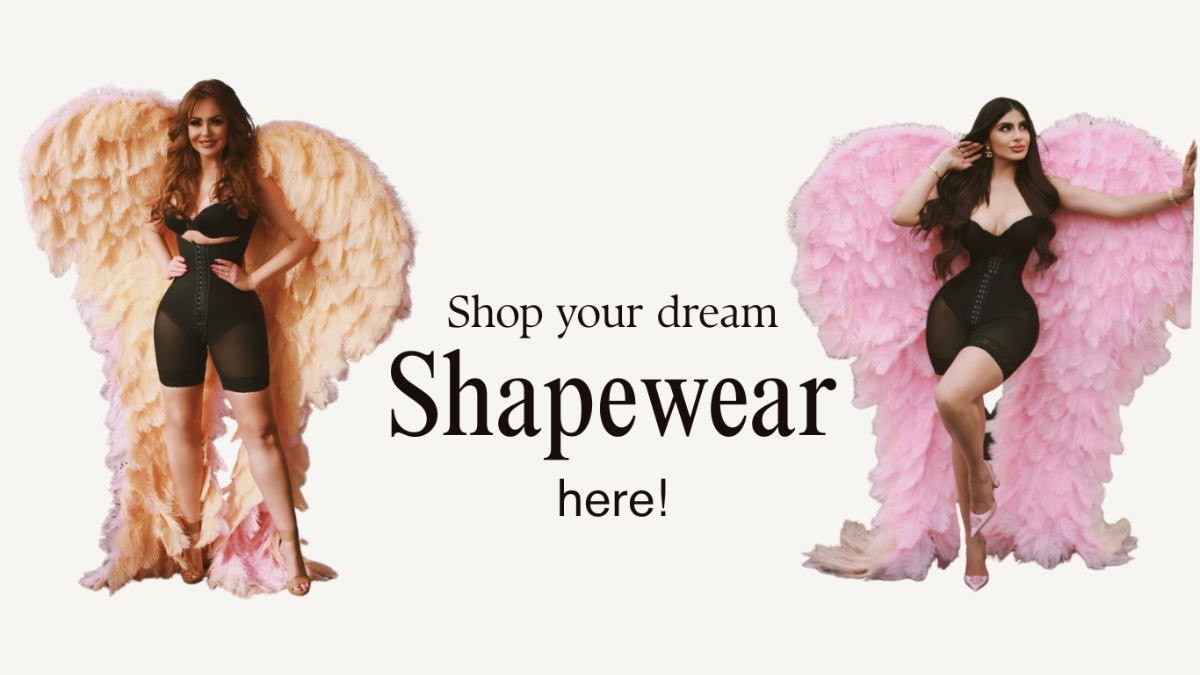 Two women wearing shapewear with large feathered wings on a white background, with text promoting shapewear shopping.