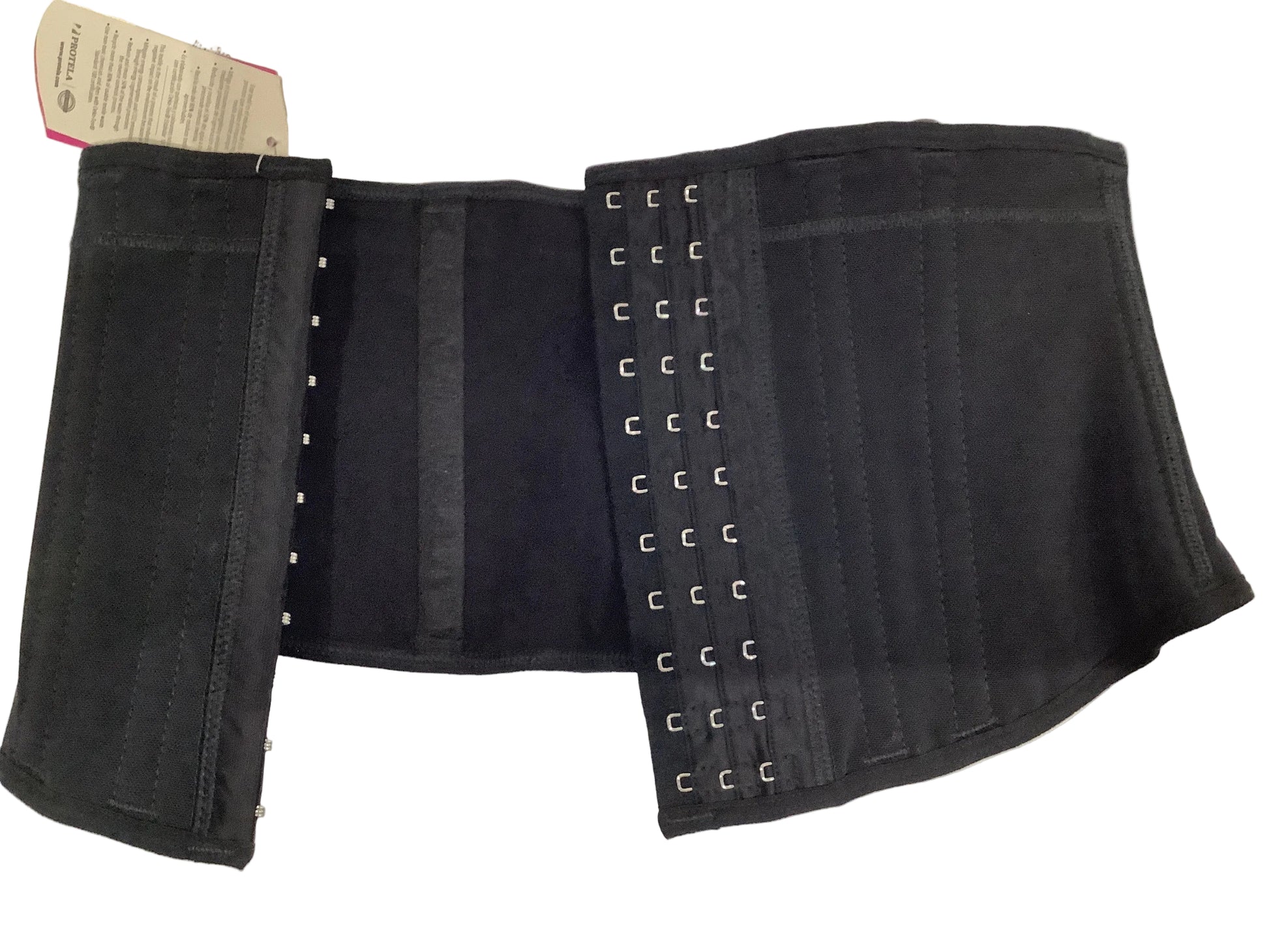 A black waist trainer belt with multiple rows of silver metal hooks on the front, laid flat on a white surface.