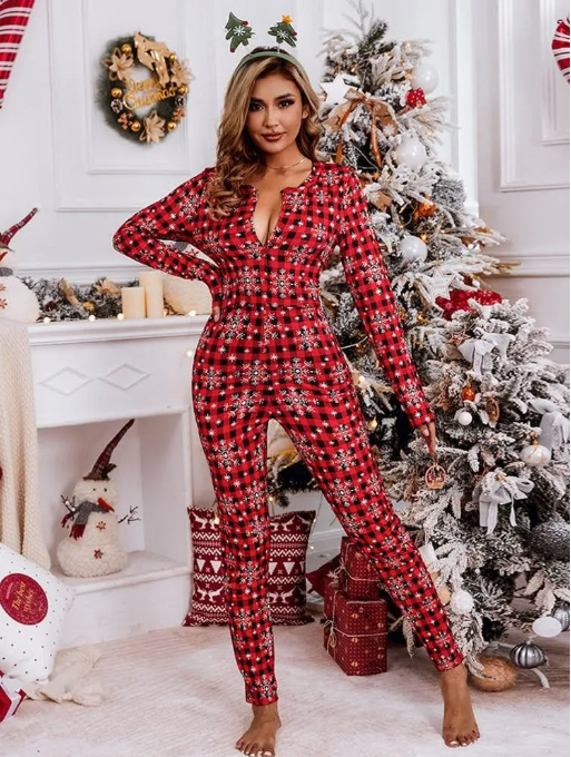 Christmas pijama Plaid Functional Buttoned Adults Pajamas Long Sleeve Jumpsuit Lowcut V Neck Onesie