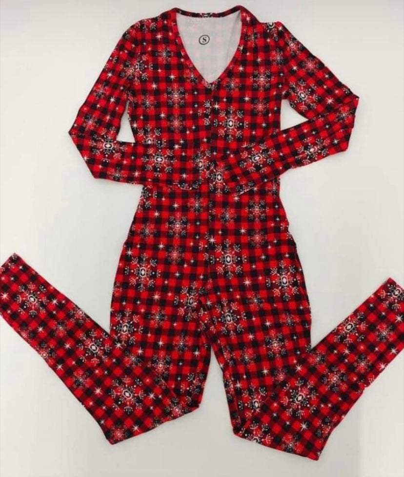 Christmas pijama Plaid Functional Buttoned Adults Pajamas Long Sleeve Jumpsuit Lowcut V Neck Onesie